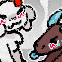a drawing of skeppy and badboyhalo from dream smp lore, as both human (ish) in the background, and little animals in the foreground. bad is a puppy demon and skeppy is a dragon. they are holding hands in the human version
